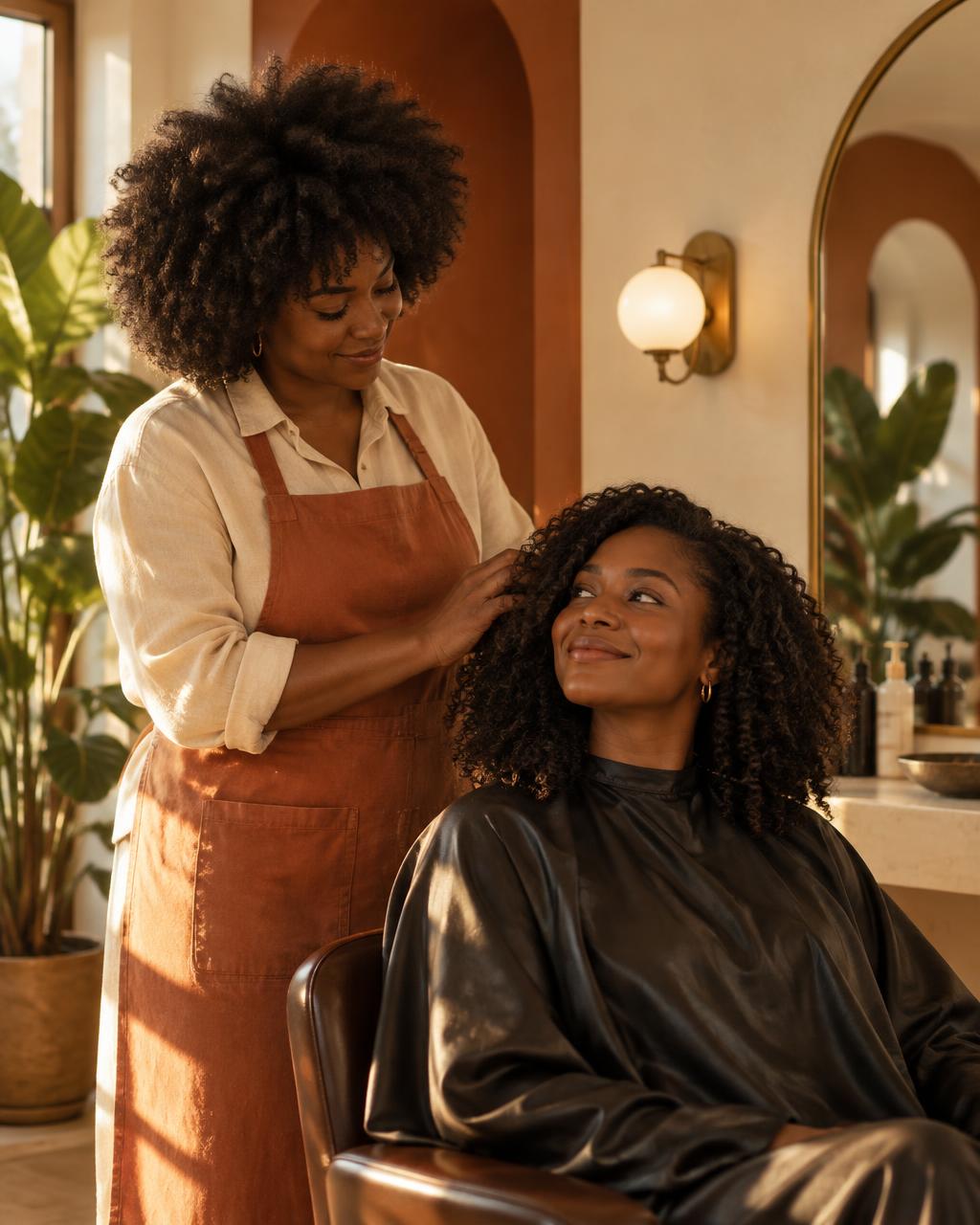 Stylist consulting with a client in a warm boutique salon