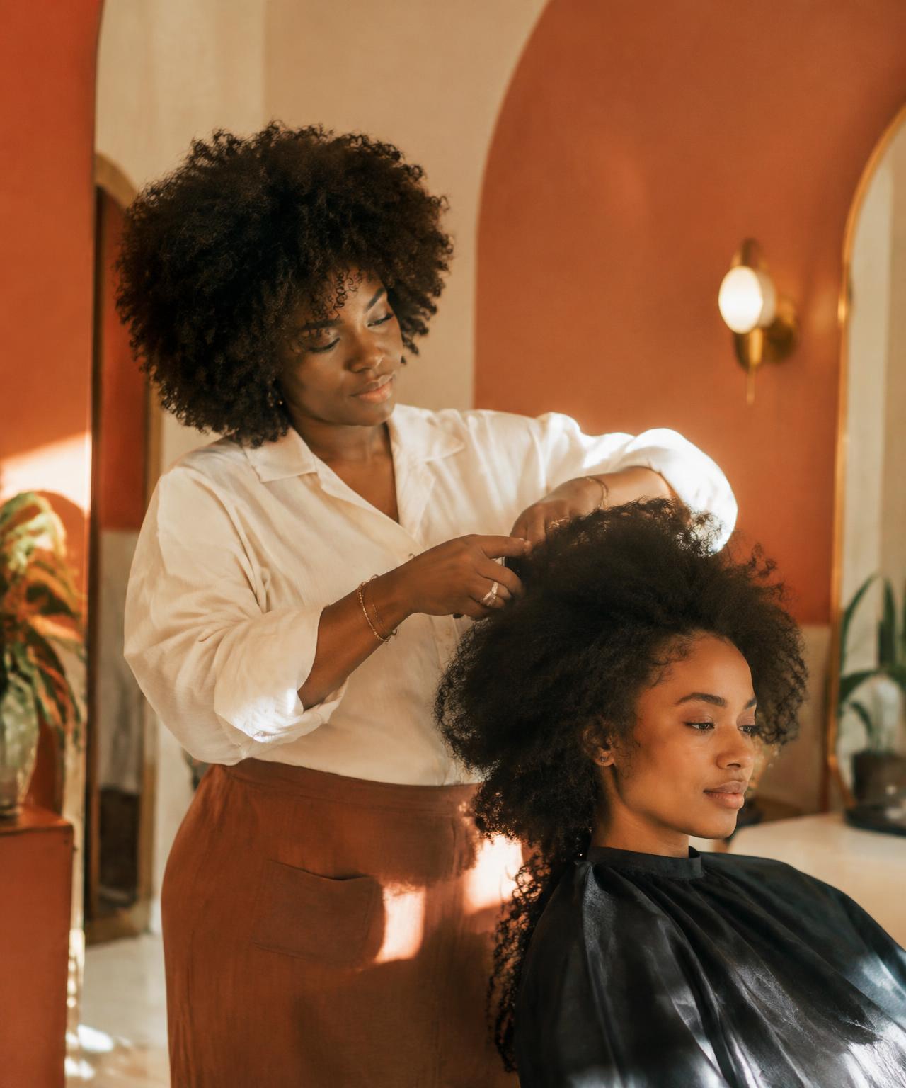 Stylist caring for a client's curls