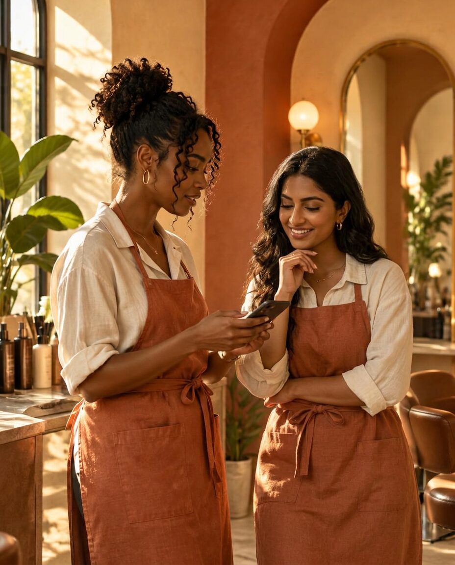 Two hair professionals sharing appointment notes in a boutique salon